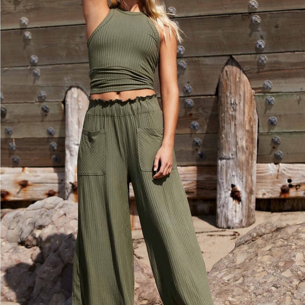 FREE PEOPLE MOVEMENT BLISSED OUT WIDE LEG PANTS CARGO GREEN RIBBED - Picture 1 of 7